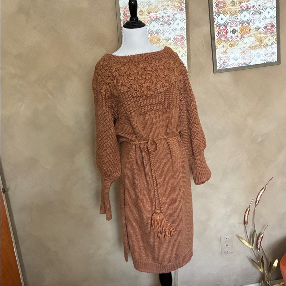 Brown Cable-Knit Sweater Dress with Tassel Belt and 3D Floral XL
